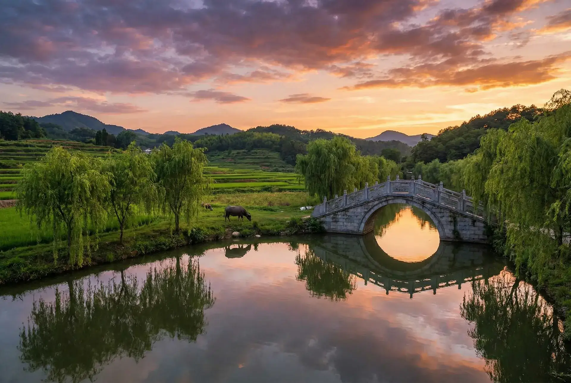 夕阳下的石拱桥与垂柳，水牛在河边吃草 - 漂亮的保姆1中文完整版免费观看 乡村美景